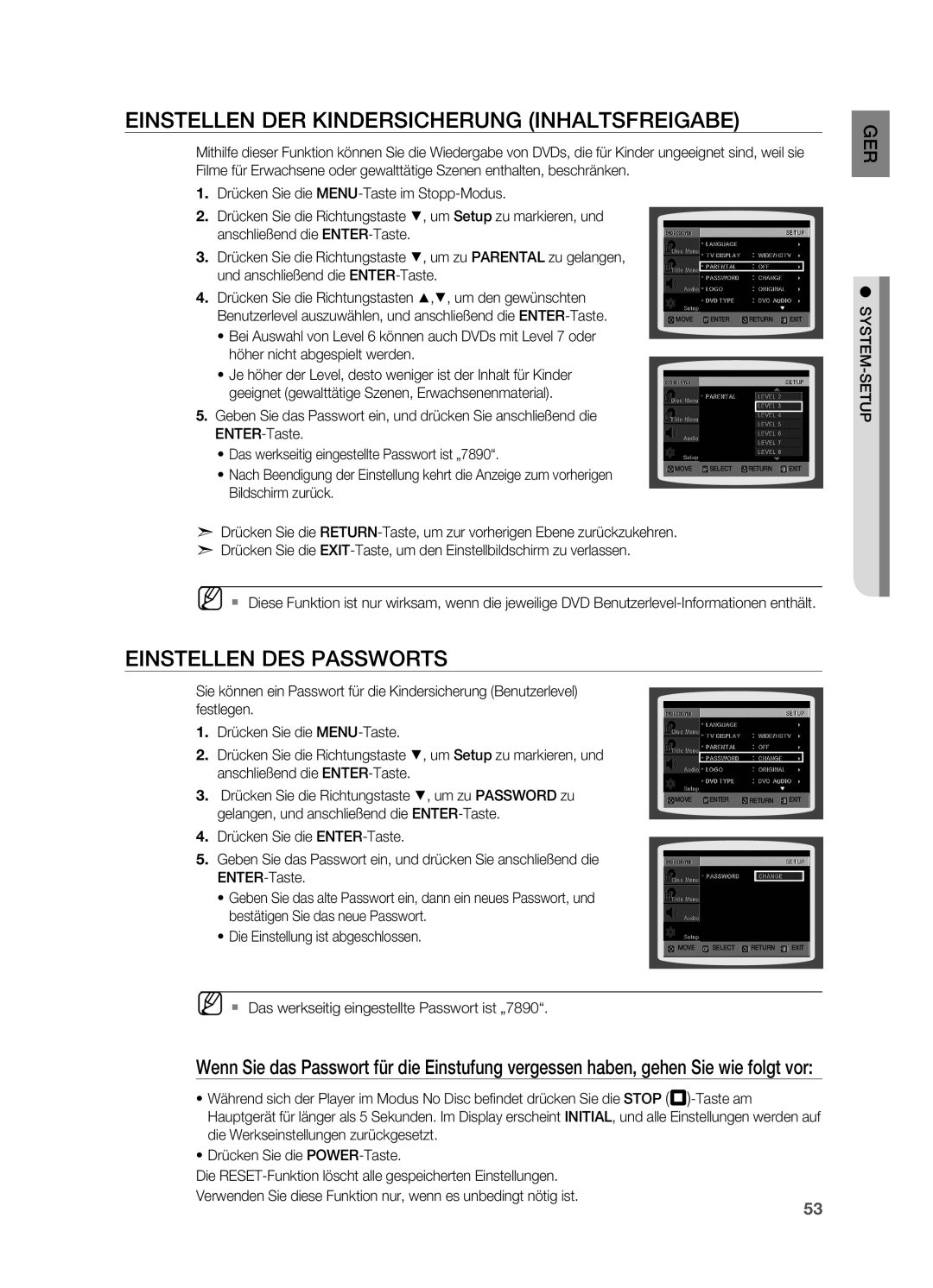 Samsung HT-TZ215T/ADL, HT-TZ212R/EDC, HT-Z310R/EDC Einstellen der Kindersicherung Inhaltsfreigabe, Einstellen des Passworts 