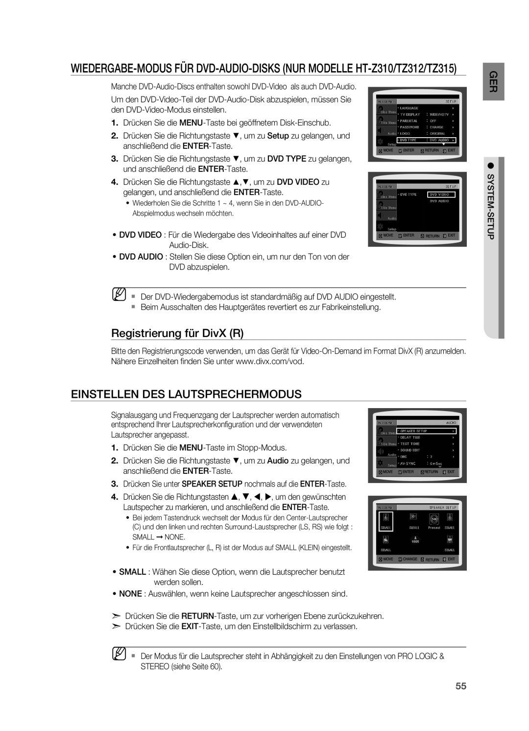 Samsung HT-Z310R/EDC, HT-TZ215T/ADL, HT-TZ212R/EDC Registrierung für DivX R Einstellen des Lautsprechermodus, Setup system 