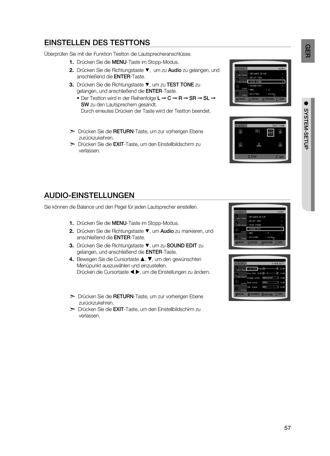 Samsung HT-Z210R/EDC, HT-TZ215T/ADL, HT-TZ212R/EDC, HT-Z310R/EDC, HT-TZ315T/ADL Einstellen des Testtons, Audio-Einstellungen 