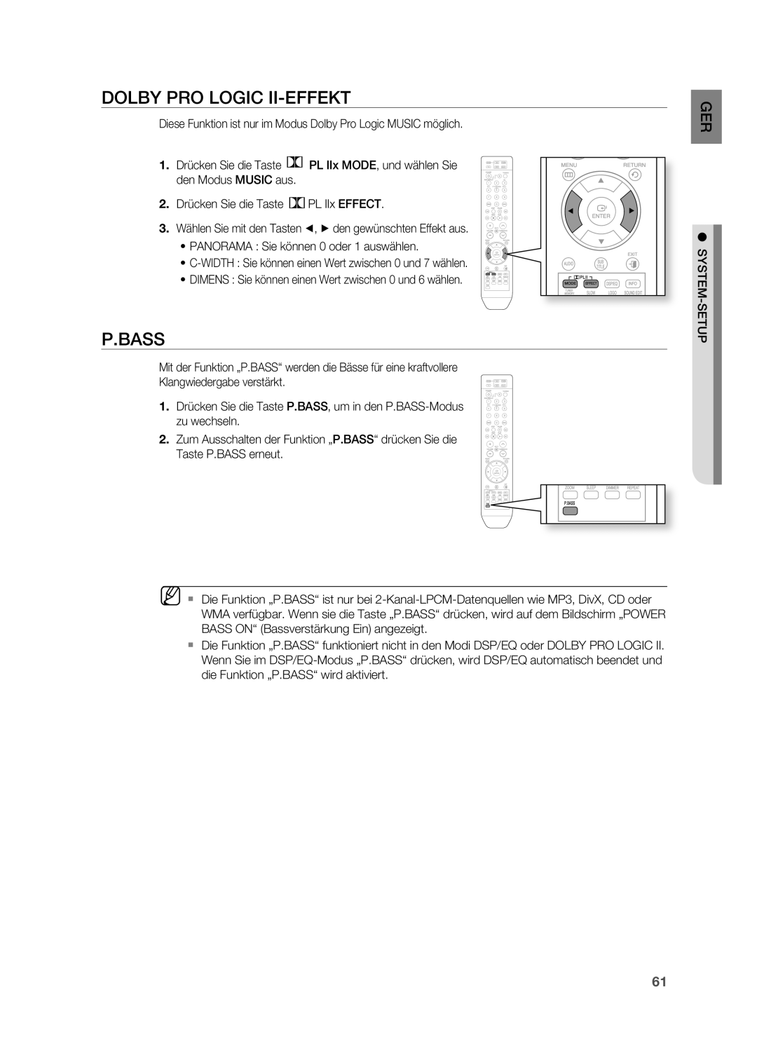 Samsung HT-TZ215R/XEF, HT-TZ215T/ADL, HT-TZ212R/EDC, HT-Z310R/EDC, HT-Z210R/EDC DoLBY PRo LoGIC II-EFFEKT, Bass, System-Setup 