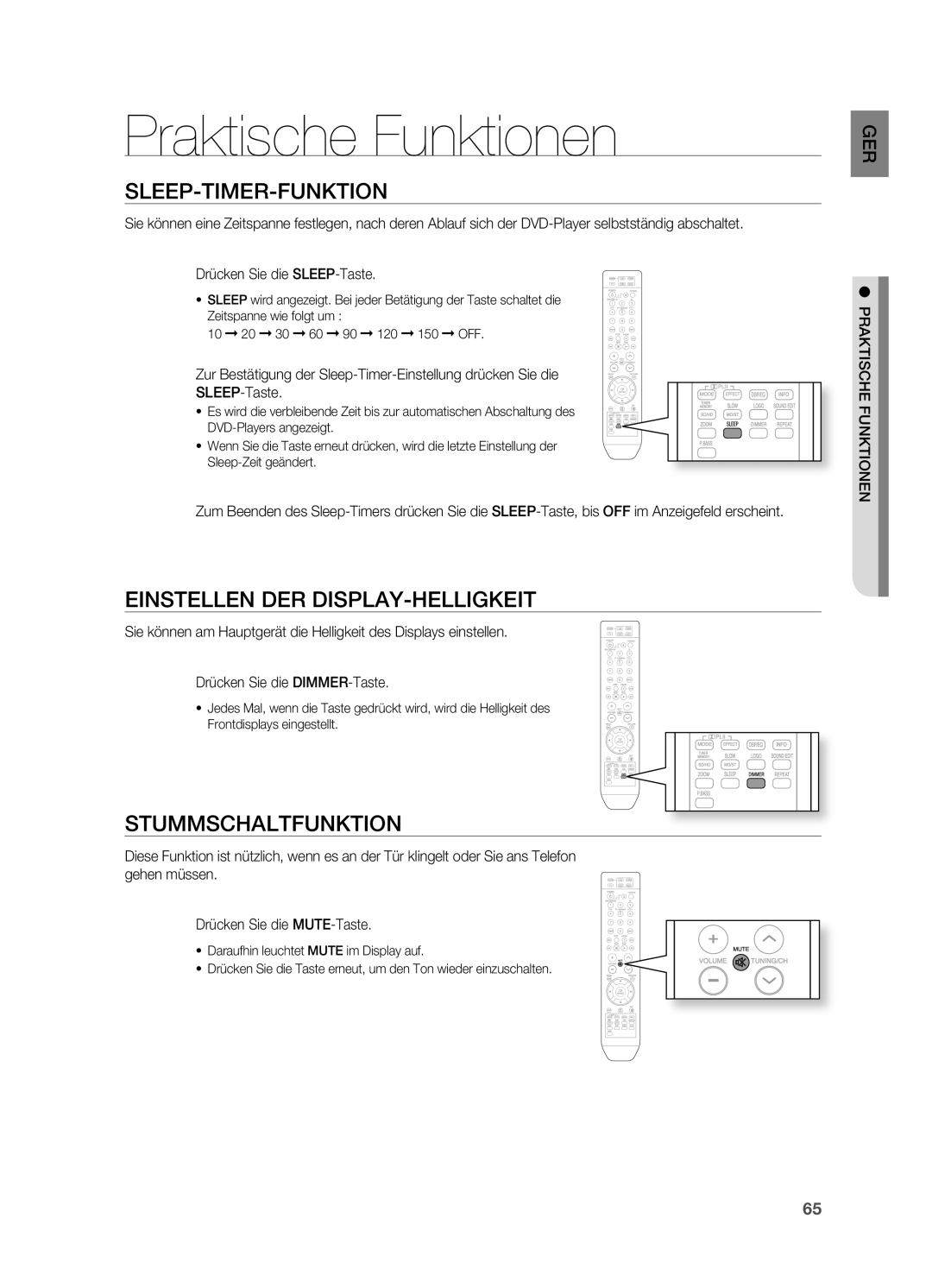 Samsung HT-TZ315T/ADL Praktische Funktionen, SLEEP-TIMER-FUNKTIoN, Einstellen DER DISPLAY-HELLIGKEIT, STUMMSCHALTFUNKTIoN 