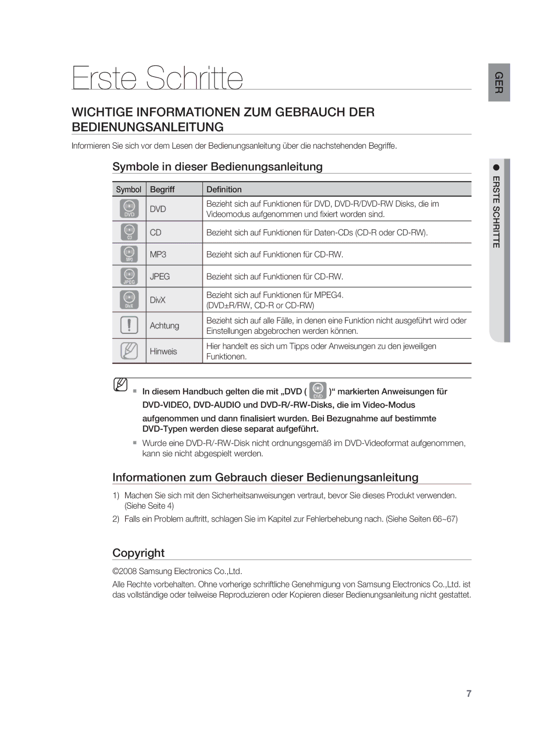 Samsung HT-TZ215R/XEF, HT-Z310R/EDC Erste Schritte, Wichtige Informationen zum Gebrauch der Bedienungsanleitung, Copyright 