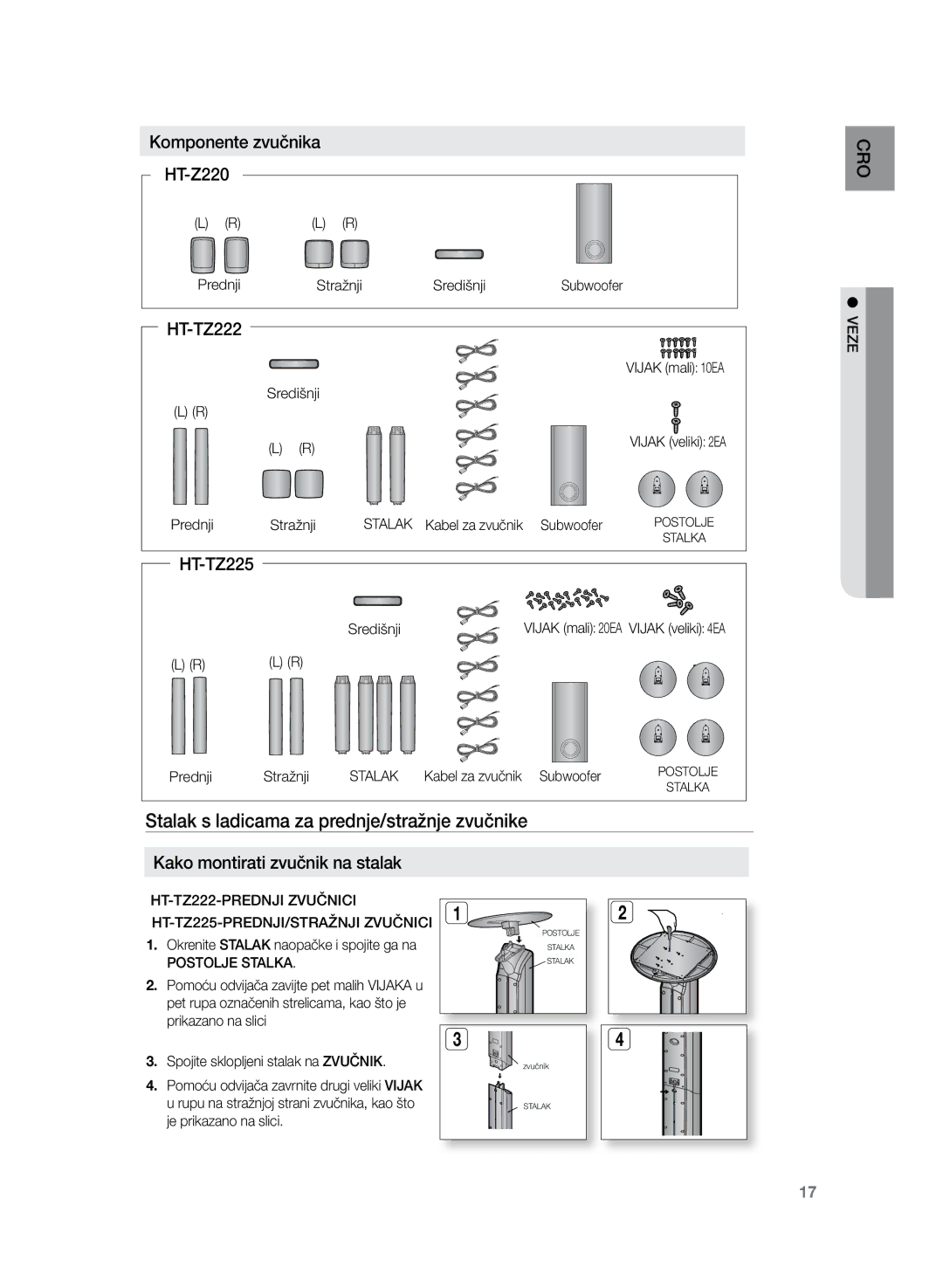 Samsung HT-TZ225R/EDC, HT-TZ222R/EDC manual Stalak s ladicama za prednje/stražnje zvučnike, Komponente zvučnika HT-Z220 