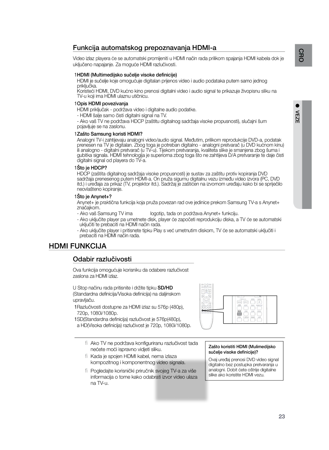 Samsung HT-TZ222R/XEE, HT-TZ222R/EDC, HT-Z220R/EDC manual Funkcija automatskog prepoznavanja HDMI-a, Odabir razlučivosti 