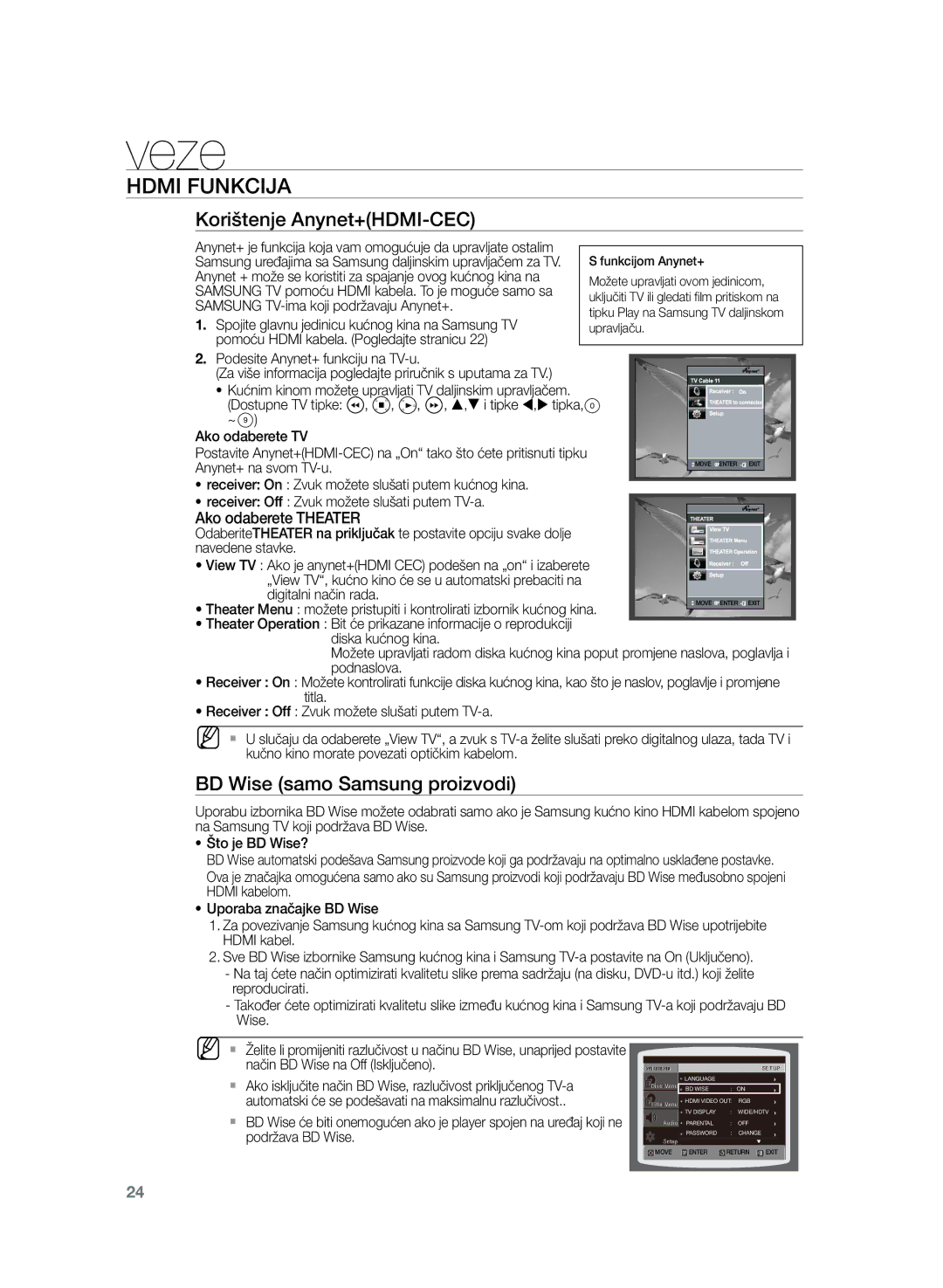 Samsung HT-Z220R/XEE, HT-TZ222R/EDC manual Korištenje Anynet+HDMI-CEC, BD Wise samo Samsung proizvodi, Ako odaberete Theater 