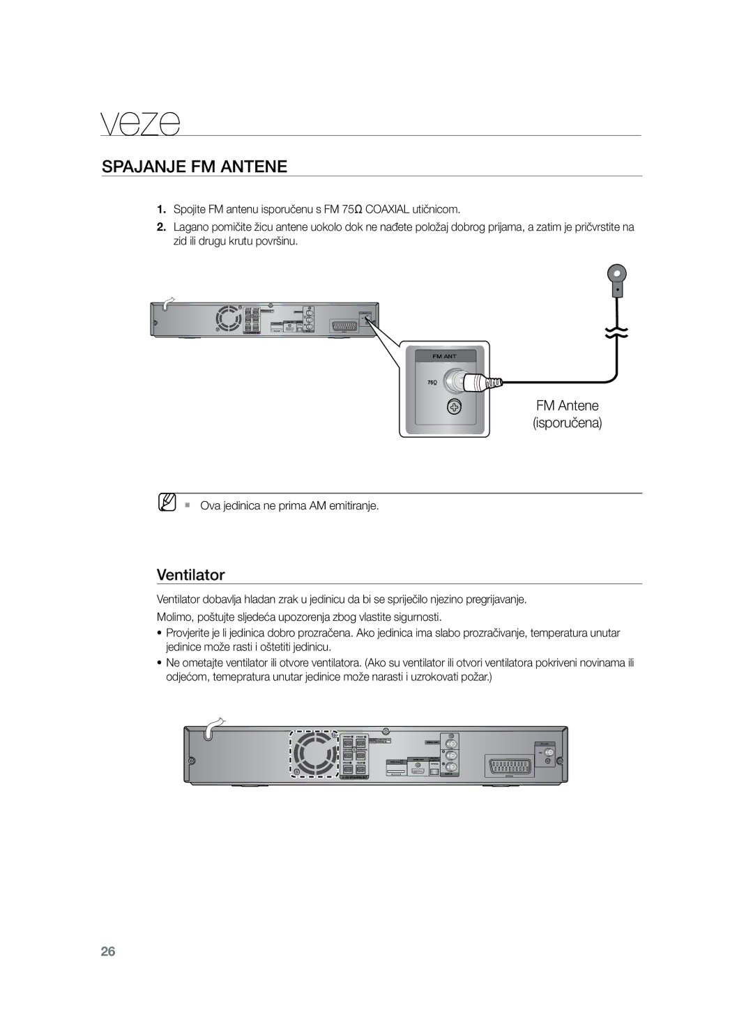Samsung HT-Z220R/EDC manual Spajanje FM antene, Ventilator, FM Antene isporučena, MM`` Ova jedinica ne prima AM emitiranje 