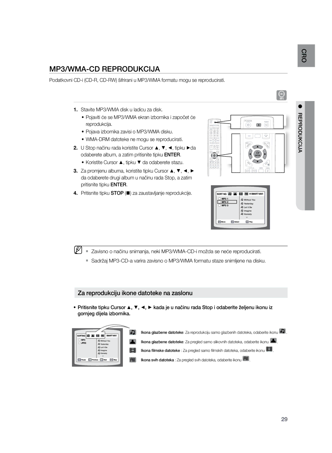 Samsung HT-Z220R/XEE, HT-TZ222R/EDC MP3/WMA-CD reprodukcija, Za reprodukciju ikone datoteke na zaslonu, Aj cik duo repr 