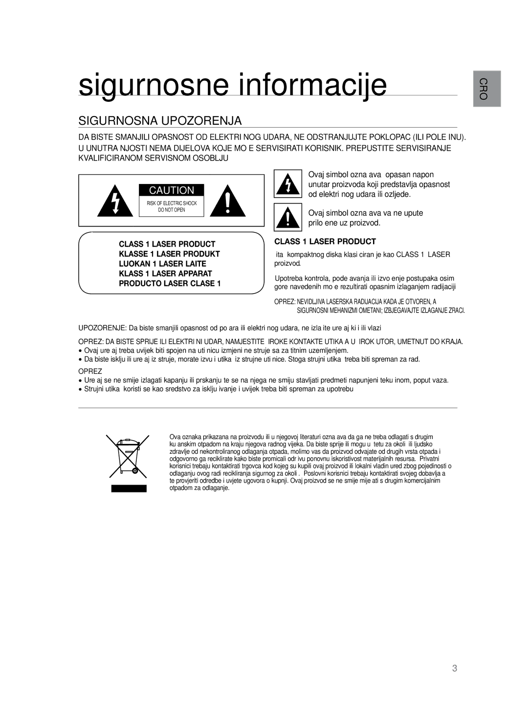 Samsung HT-TZ222R/XEE, HT-TZ222R/EDC manual Sigurnosne informacije, Sigurnosna upozorenja, Od električnog udara ili ozljede 