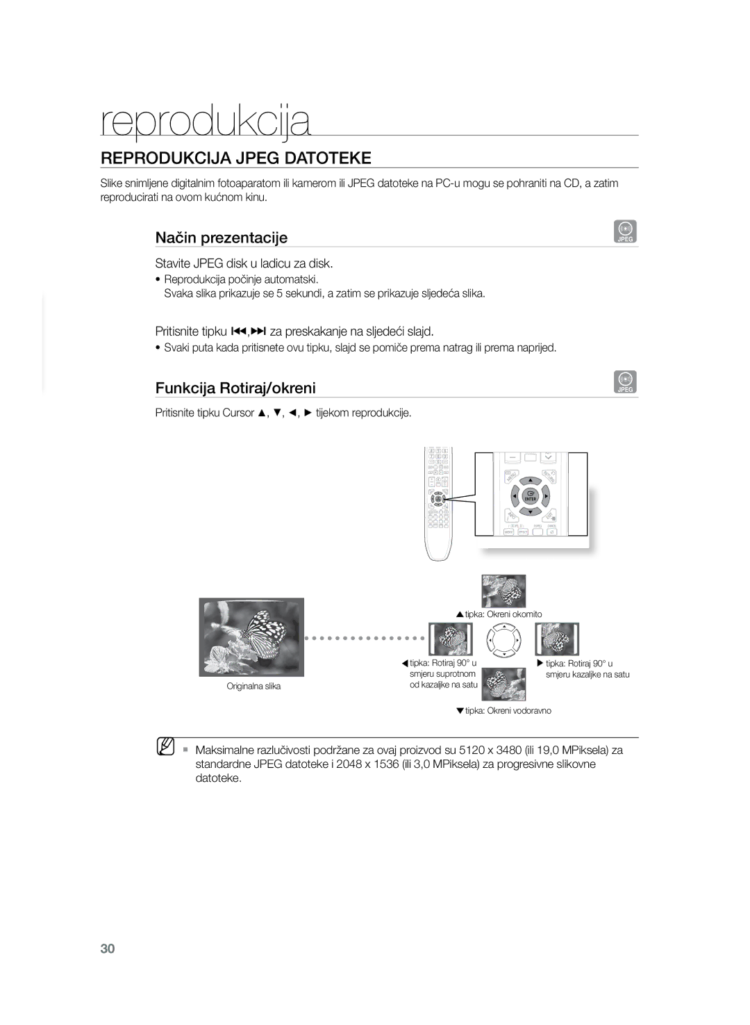 Samsung HT-TZ222R/EDC, HT-Z220R/EDC, HT-TZ225R/EDC Reprodukcija Jpeg datoteke, Način prezentacije, Funkcija Rotiraj/okreni 