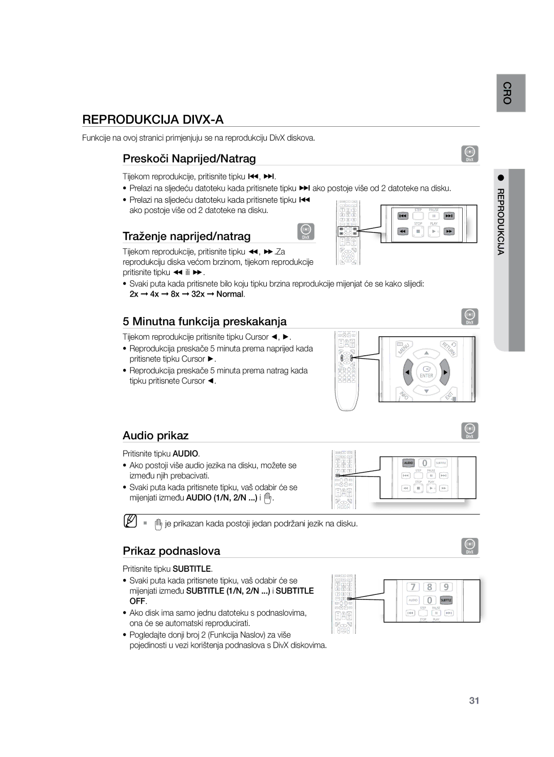 Samsung HT-Z220R/EDC, HT-TZ222R/EDC, HT-TZ225R/EDC, HT-TZ222R/XEE, HT-Z220R/XEE manual Reprodukcija DivX-a 