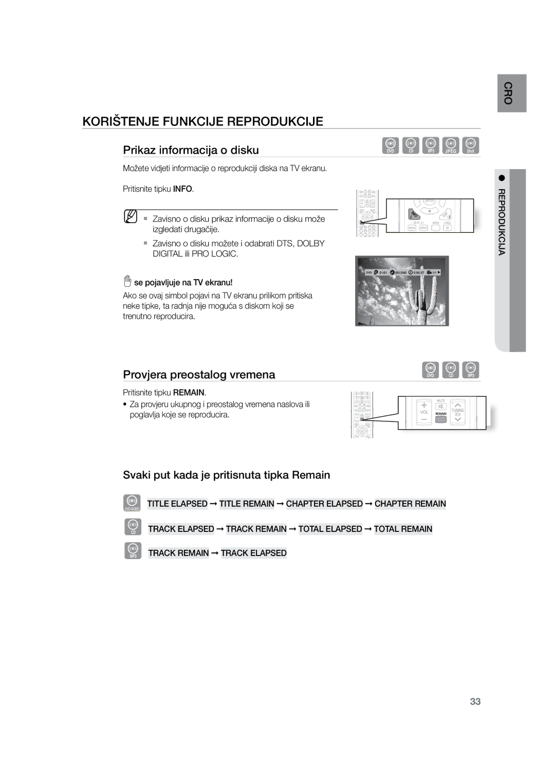 Samsung HT-TZ222R/XEE manual Korištenje funkcije reprodukcije, Prikaz informacija o disku, Provjera preostalog vremena 