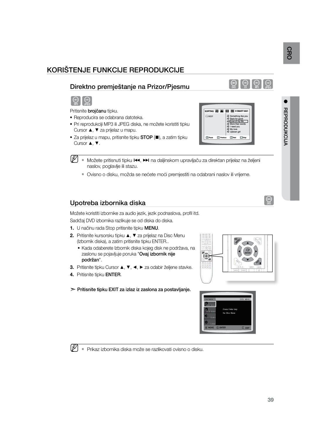 Samsung HT-Z220R/XEE, HT-TZ222R/EDC, HT-Z220R/EDC, HT-TZ225R/EDC, HT-TZ222R/XEE manual Upotreba izbornika diska 