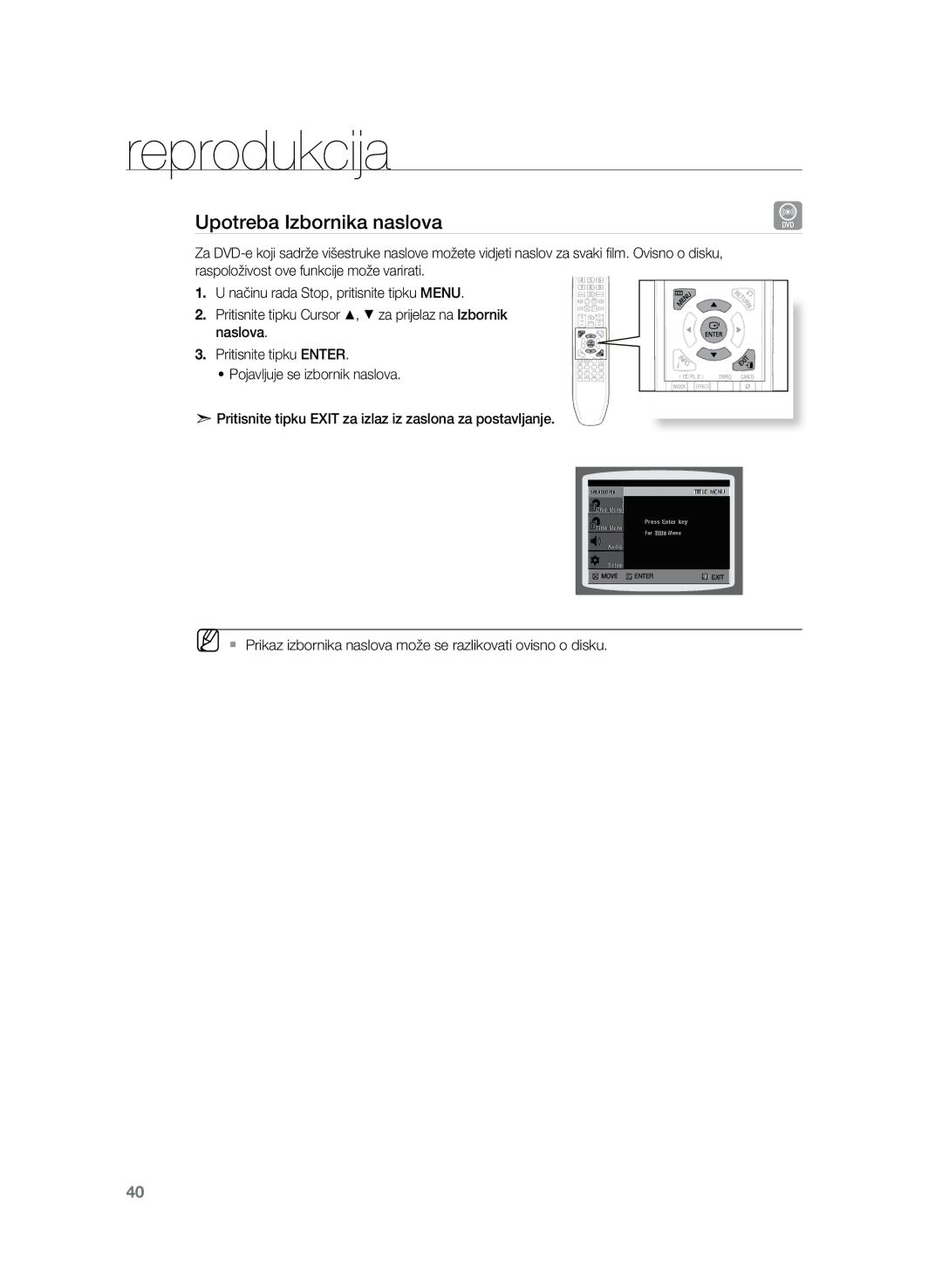 Samsung HT-TZ222R/EDC, HT-Z220R/EDC, HT-TZ225R/EDC, HT-TZ222R/XEE, HT-Z220R/XEE manual Upotreba Izbornika naslova 