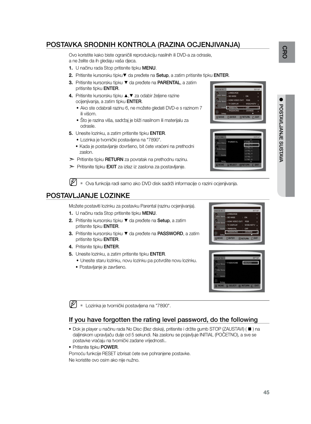 Samsung HT-TZ222R/EDC, HT-Z220R/EDC manual Postavka srodnih kontrola Razina ocjenjivanja, Postavljanje lozinke, Ili višom 