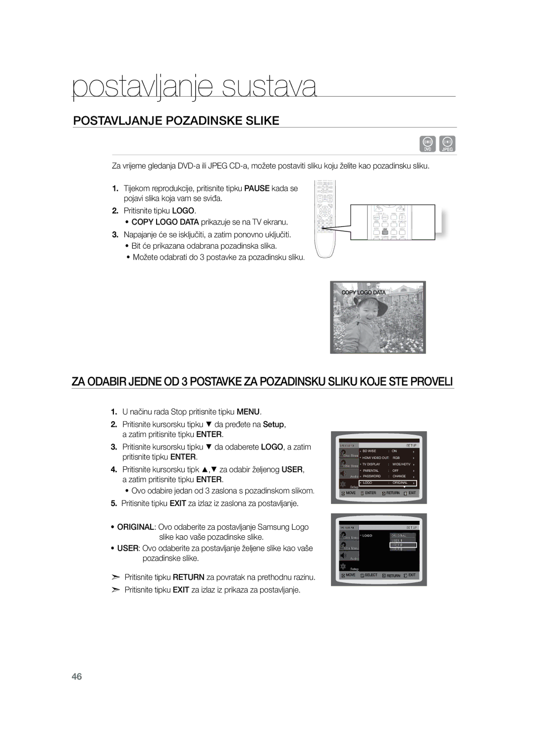 Samsung HT-Z220R/EDC manual Postavljanje pozadinske slike, Pritisnite tipku Exit za izlaz iz prikaza za postavljanje 