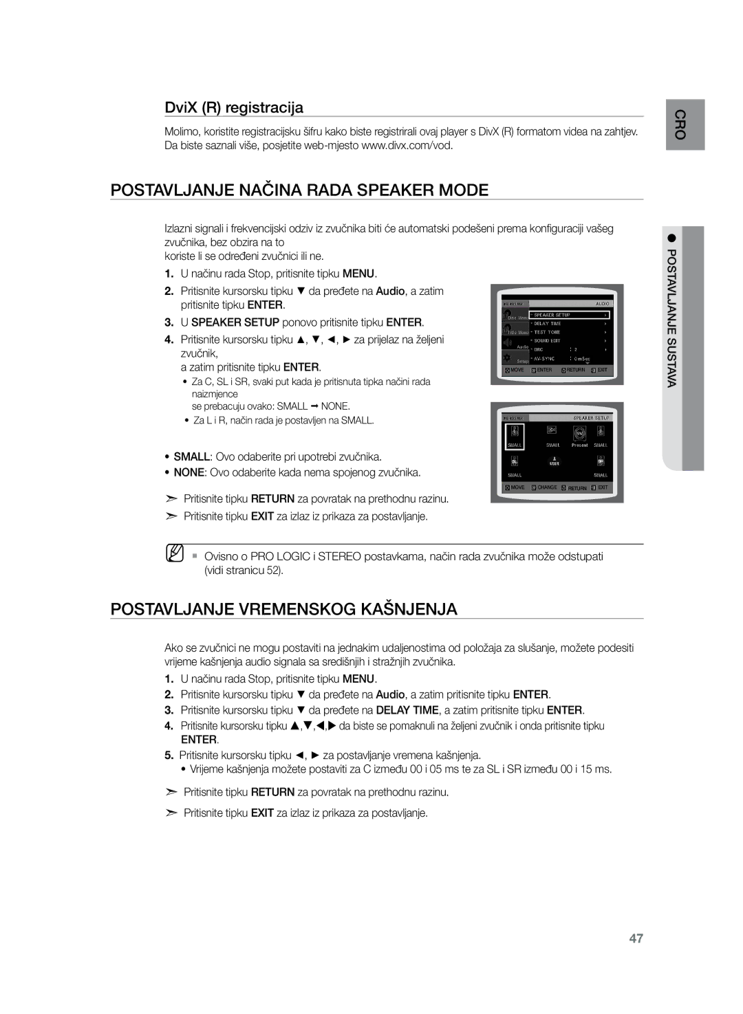 Samsung HT-TZ225R/EDC manual Postavljanje načina rada Speaker Mode, Postavljanje vremenskog kašnjenja, DviX R registracija 