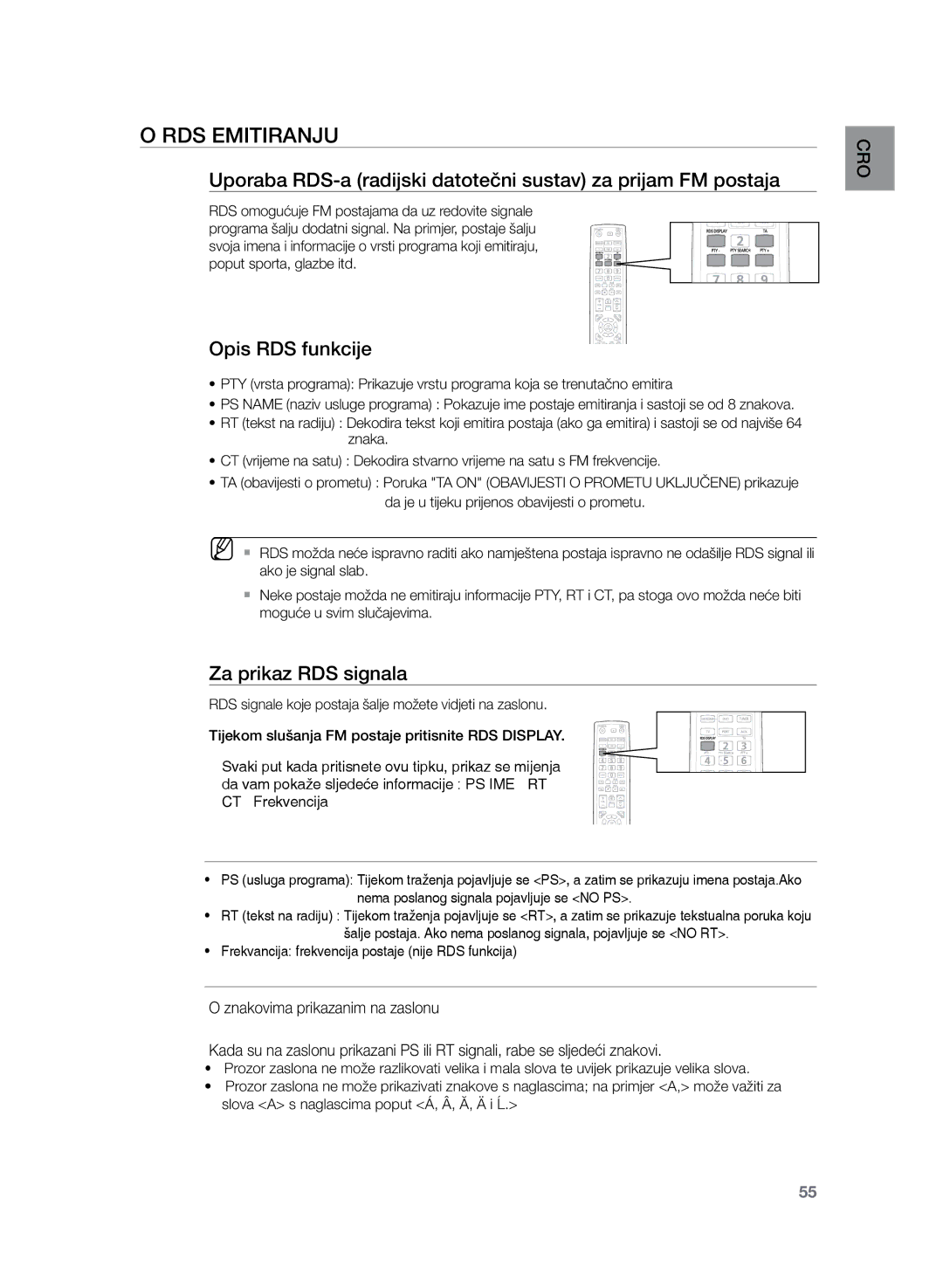 Samsung HT-TZ222R/EDC, HT-Z220R/EDC, HT-TZ225R/EDC, HT-TZ222R/XEE, HT-Z220R/XEE manual Opis RDS funkcije, Za prikaz RDS signala 