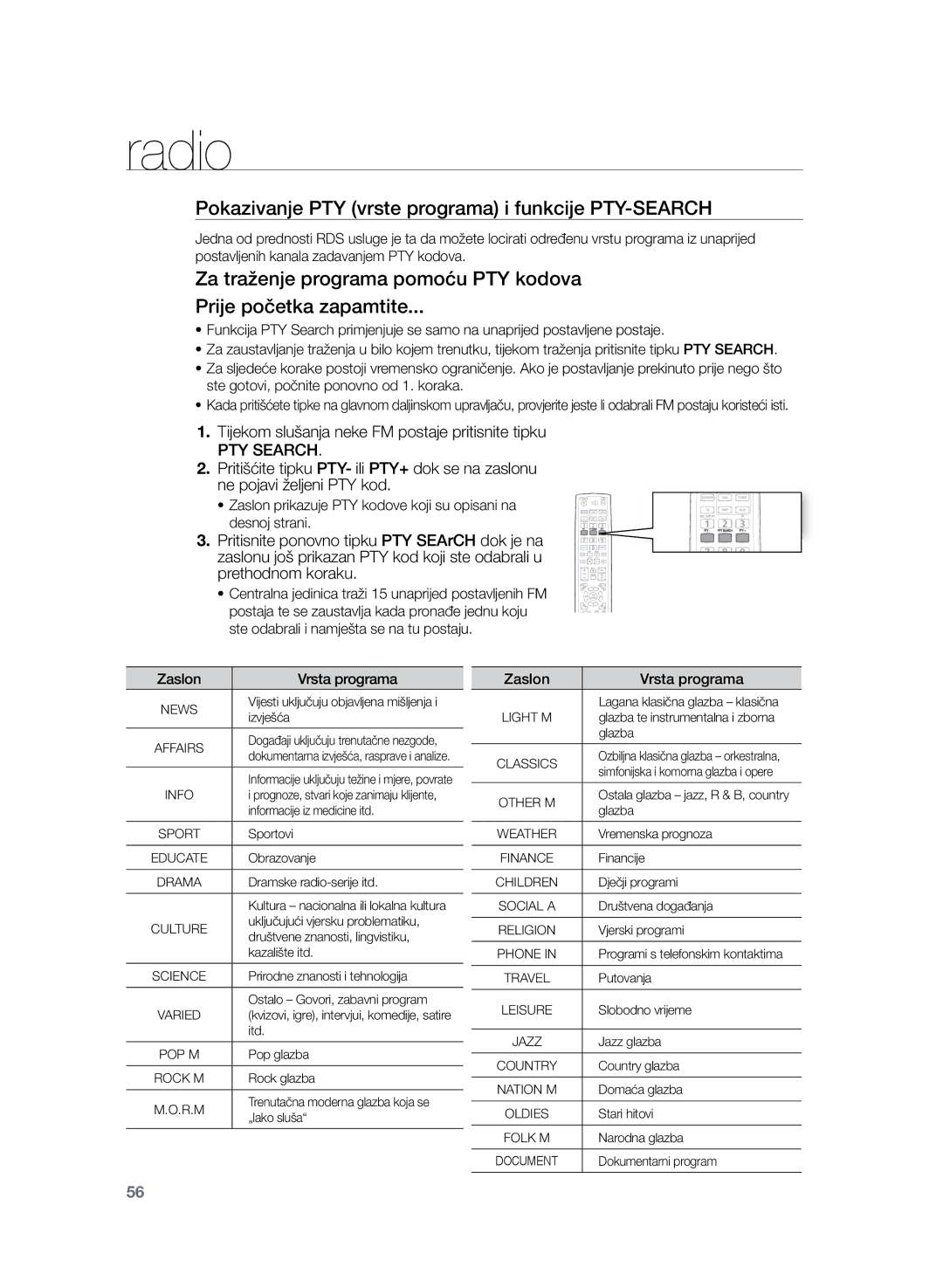 Samsung HT-Z220R/EDC, HT-TZ222R/EDC manual Pokazivanje PTY vrste programa i funkcije PTY-SEARCH, Zaslon Vrsta programa 