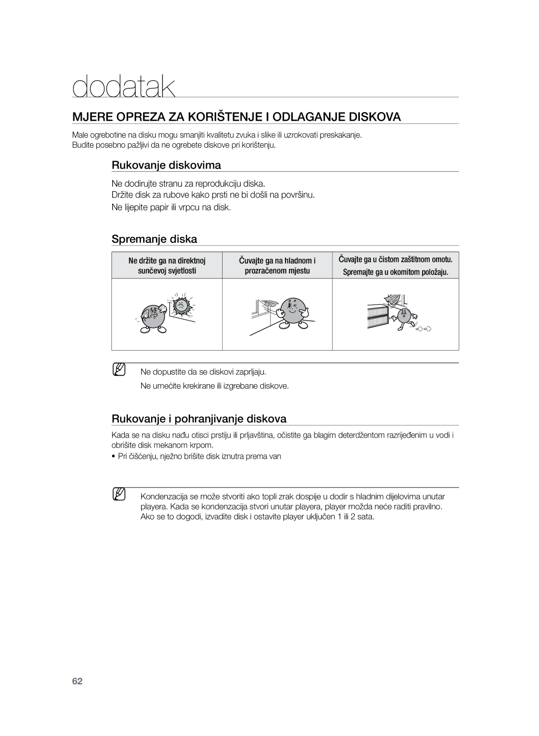 Samsung HT-TZ225R/EDC manual Dodatak, Mjere opreza za korištenje i odlaganje diskova, Rukovanje diskovima, Spremanje diska 