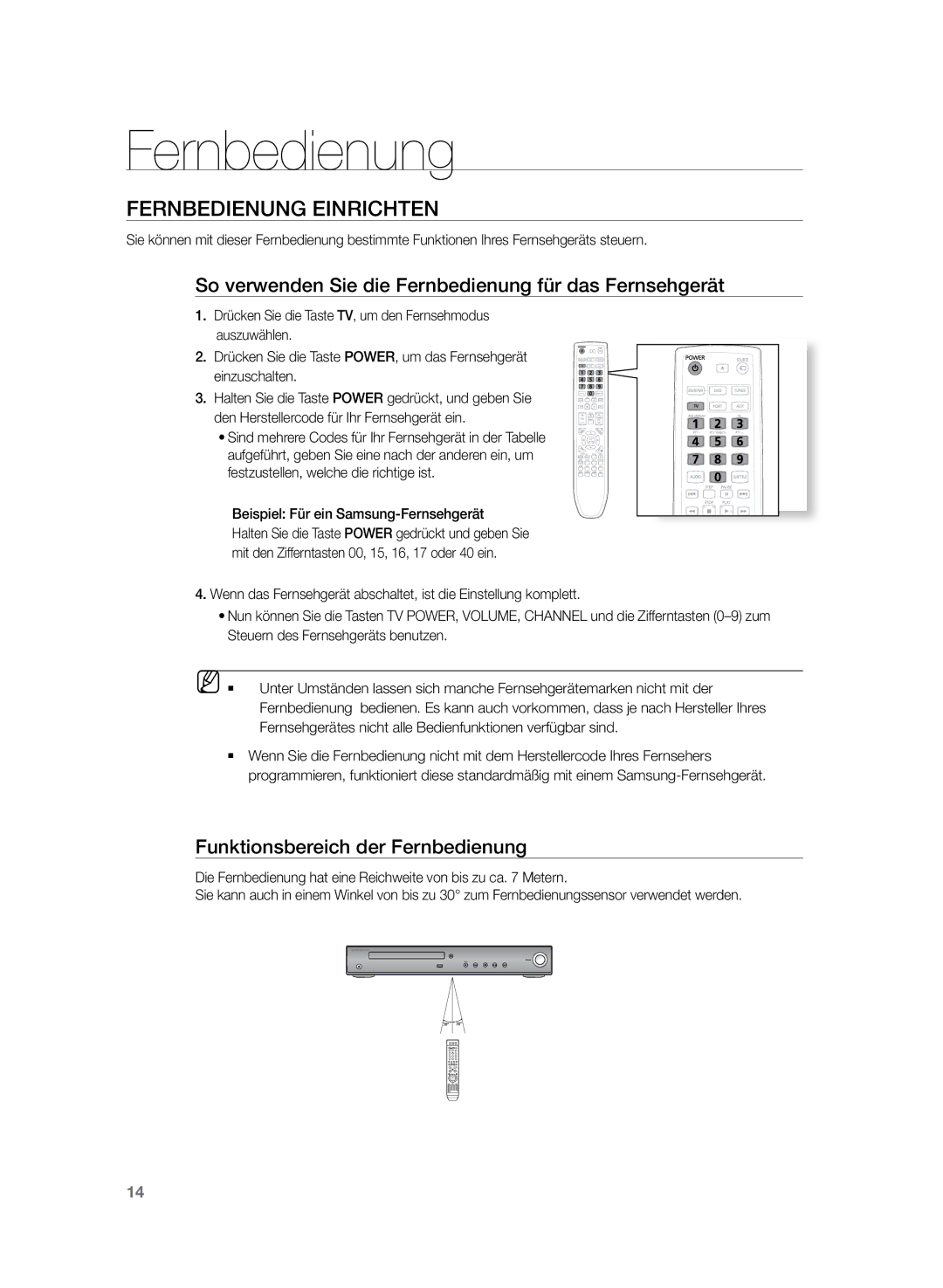 Samsung HT-TZ222R/XEF, HT-TZ222R/EDC Fernbedienung einrichten, So verwenden Sie die Fernbedienung für das Fernsehgerät 