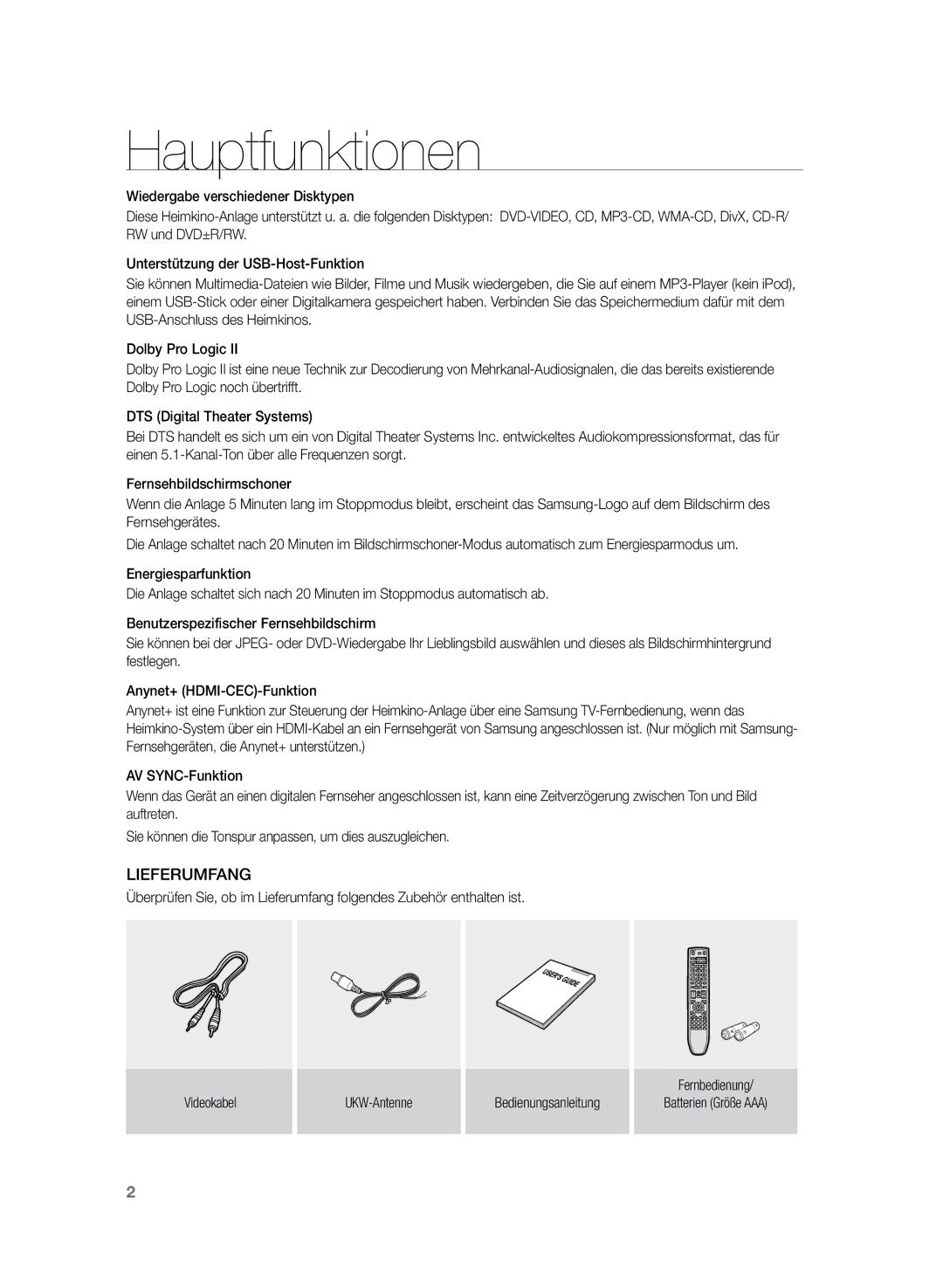 Samsung HT-TZ225R/EDC, HT-TZ222R/EDC, HT-Z220R/EDC, HT-Z220R/XEF, HT-TZ222R/XEF manual Hauptfunktionen, Lieferumfang 