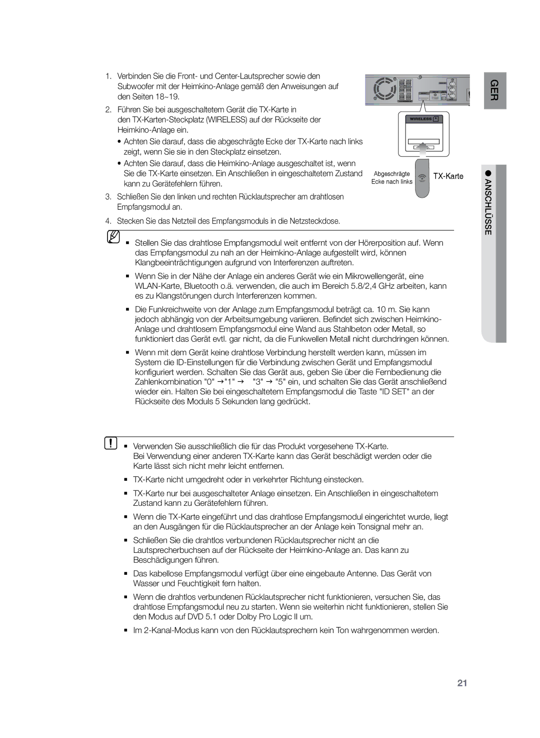 Samsung HT-Z220R/EDC, HT-TZ222R/EDC, HT-TZ225R/EDC, HT-Z220R/XEF, HT-TZ222R/XEF manual Abgeschrägte TX-KarteEcke nach links 