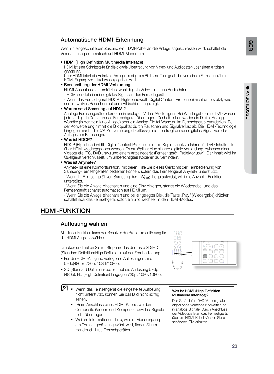 Samsung HT-Z220R/XEF, HT-TZ222R/EDC, HT-Z220R/EDC manual HDMI-Funktion, Mm ``, Automatische HDMI-Erkennung, Auflösung wählen 