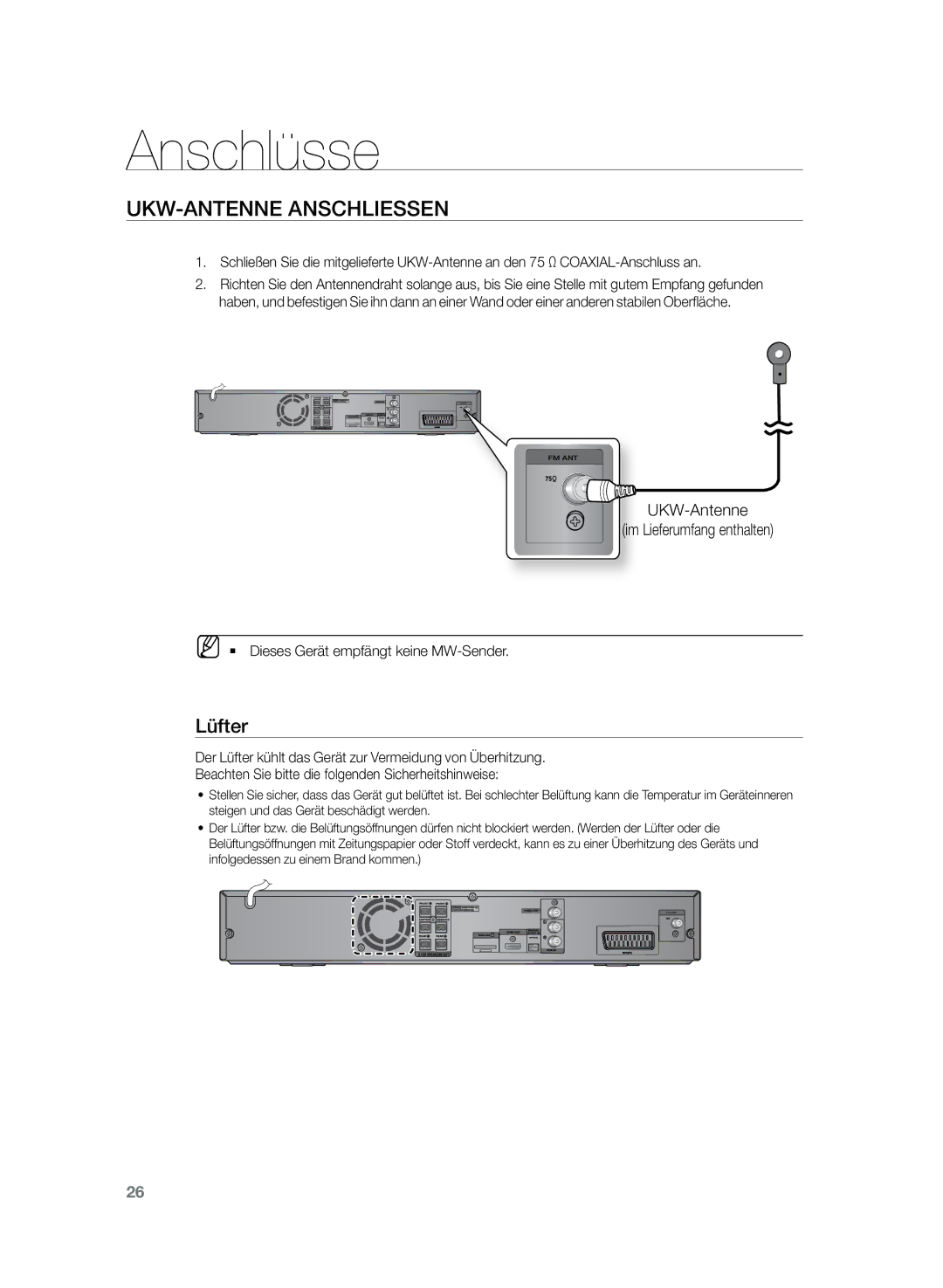 Samsung HT-Z220R/EDC, HT-TZ222R/EDC manual UKW-Antenne Anschliessen, Lüfter, MM`` Dieses Gerät empfängt keine MW-Sender 