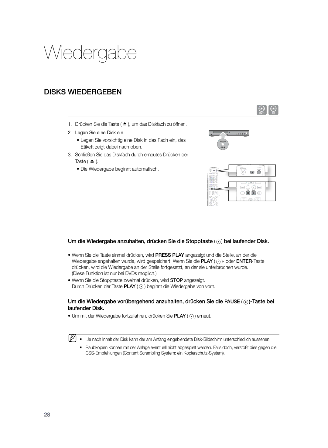 Samsung HT-Z220R/XEF, HT-TZ222R/EDC, HT-Z220R/EDC Wiedergabe, Disks wiedergeben, Diese Funktion ist nur bei DVDs möglich 