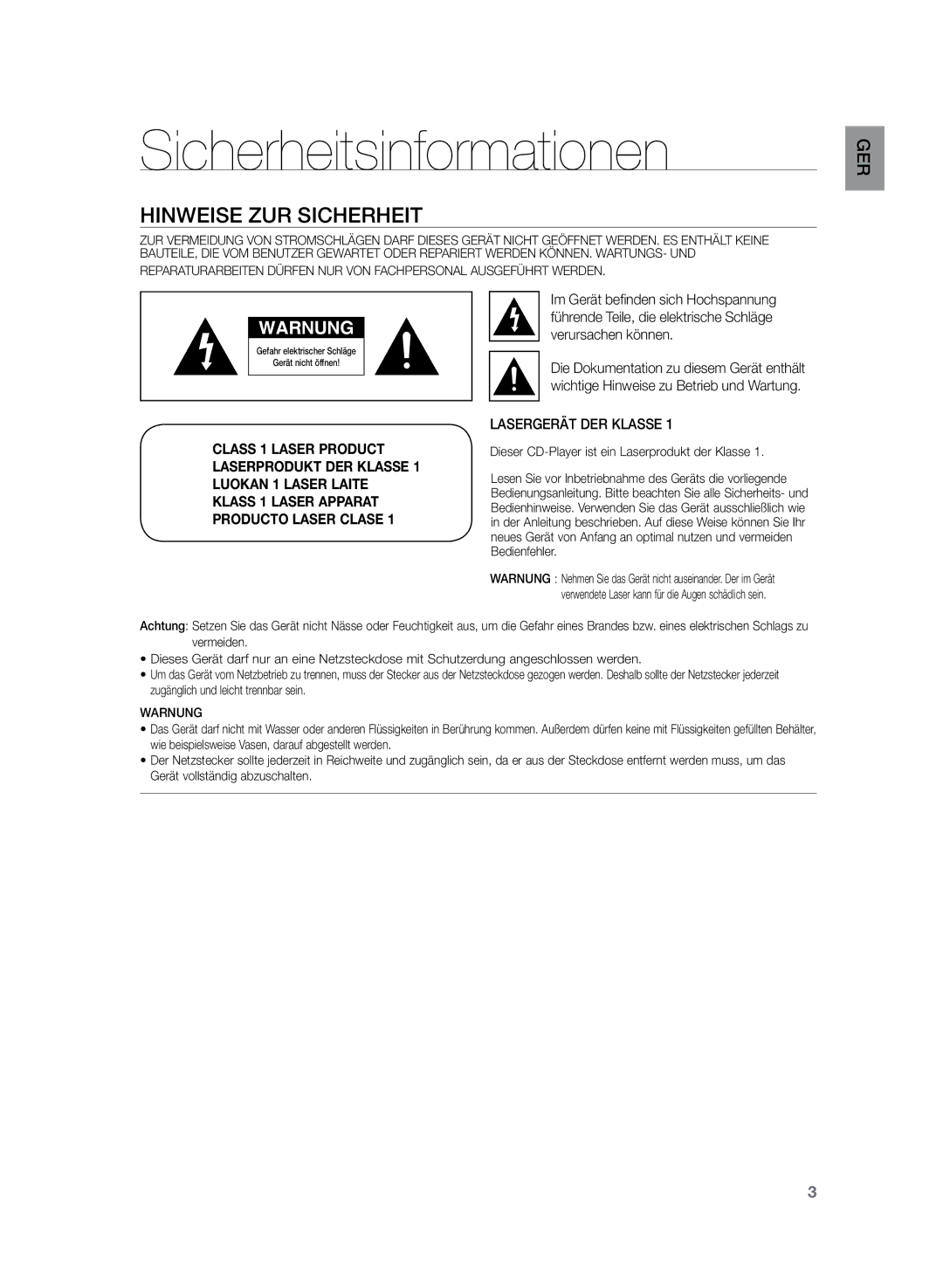 Samsung HT-Z220R/XEF, HT-TZ222R/EDC, HT-Z220R/EDC Sicherheitsinformationen, Hinweise zur Sicherheit, Lasergerät DER Klasse 