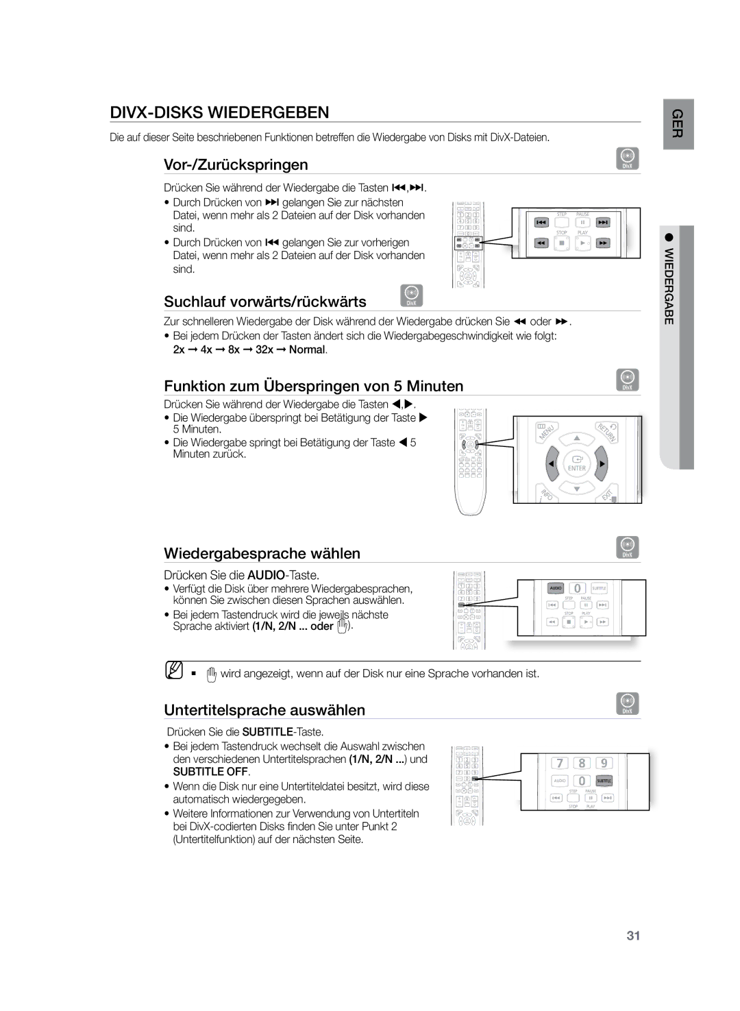 Samsung HT-Z220R/EDC, HT-TZ222R/EDC, HT-TZ225R/EDC, HT-Z220R/XEF, HT-TZ222R/XEF manual DIVX-Disks WIEDERGeBEN 