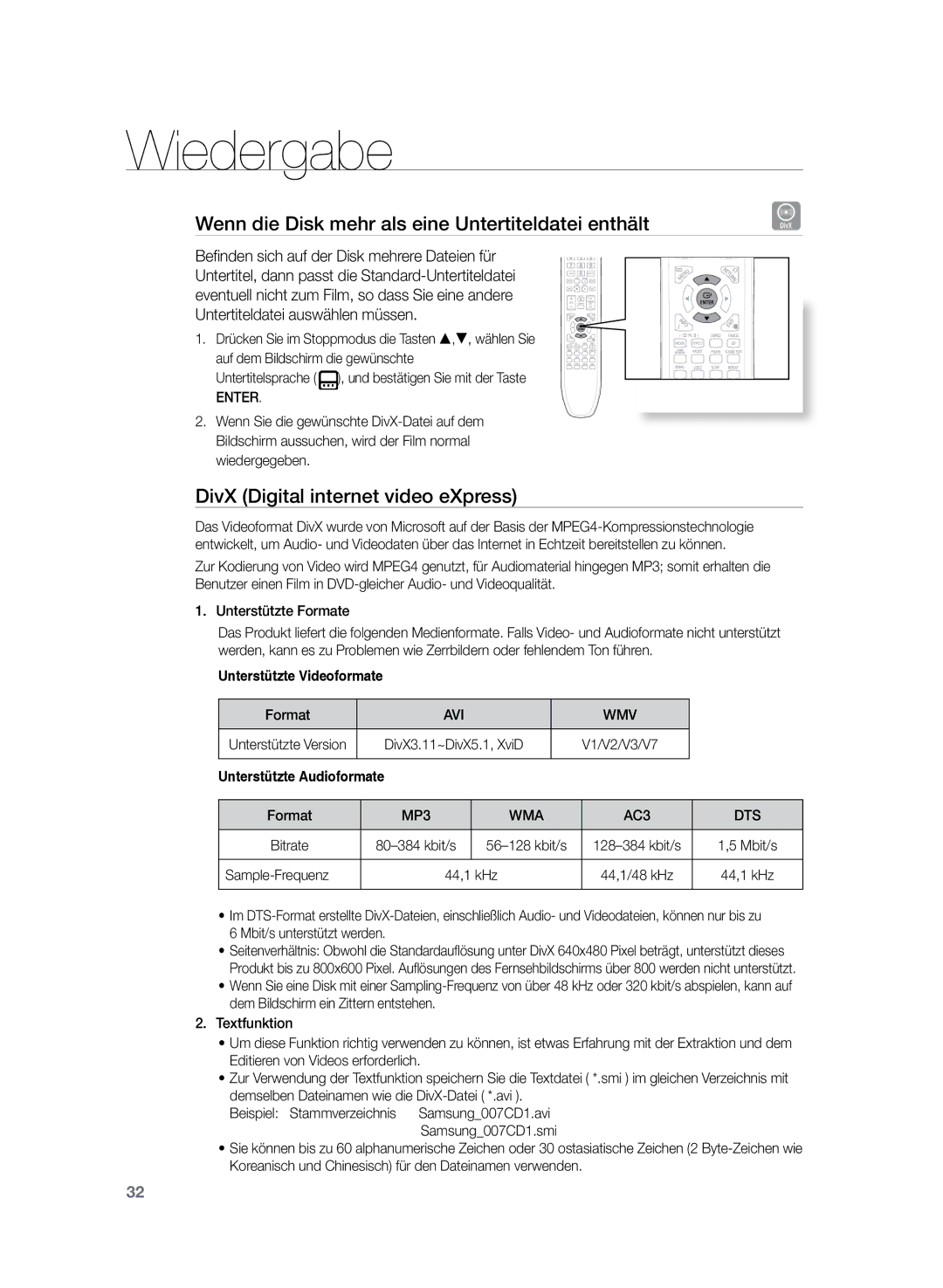 Samsung HT-TZ225R/EDC Wenn die Disk mehr als eine Untertiteldatei enthält, DivX Digital internet video eXpress, Enter 