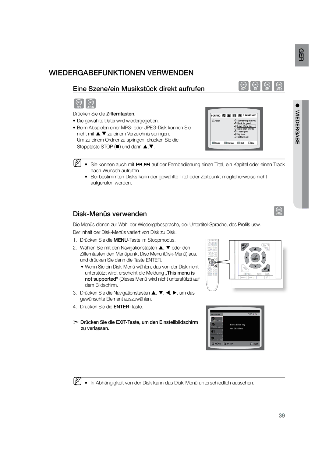 Samsung HT-TZ222R/XEF, HT-TZ222R/EDC, HT-Z220R/EDC, HT-TZ225R/EDC, HT-Z220R/XEF manual Disk-Menüs verwenden 