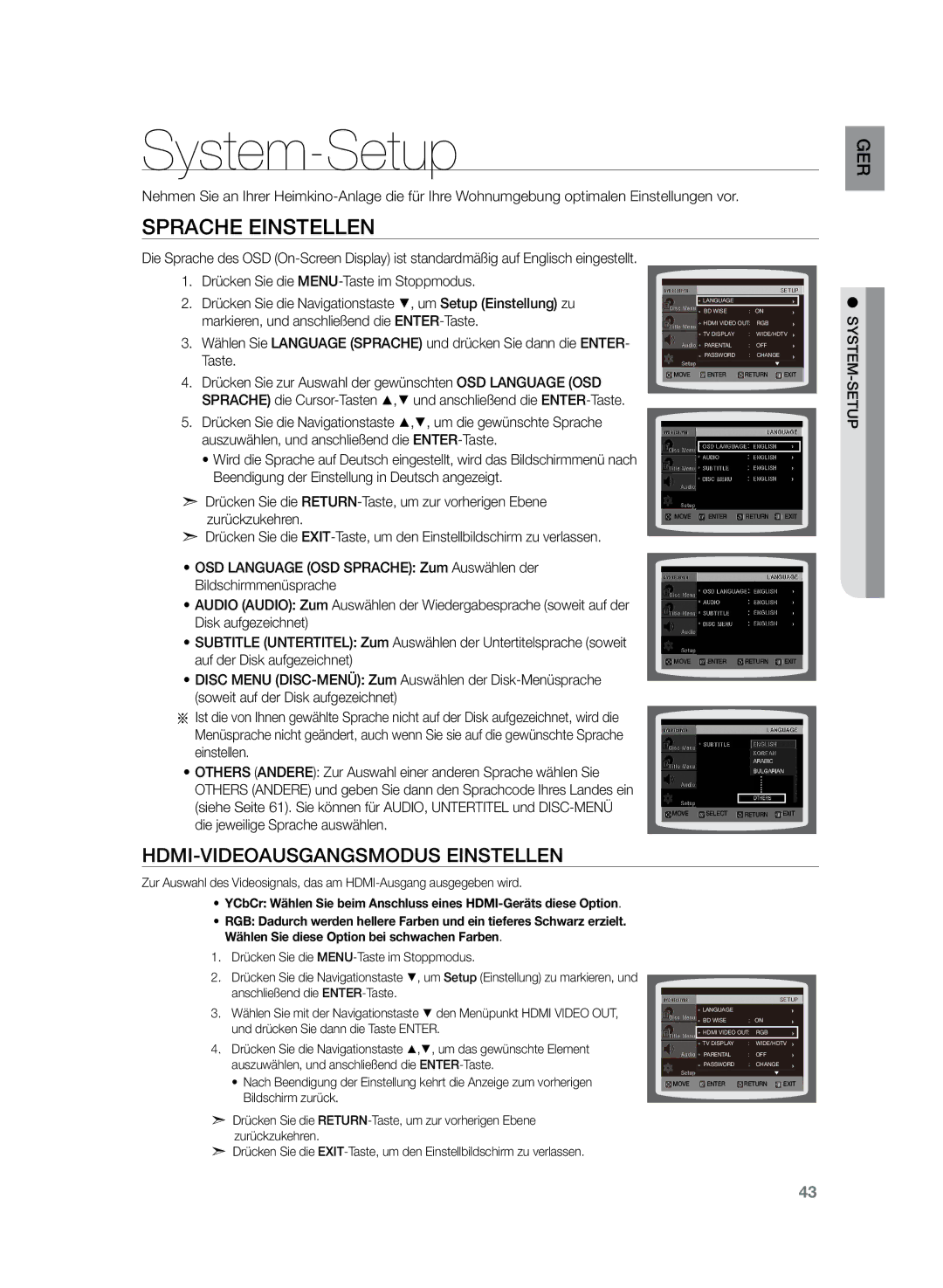 Samsung HT-Z220R/XEF, HT-TZ222R/EDC, HT-Z220R/EDC manual System-Setup, Sprache Einstellen, HDMI-VIDEOAUSGANGSModus Einstellen 