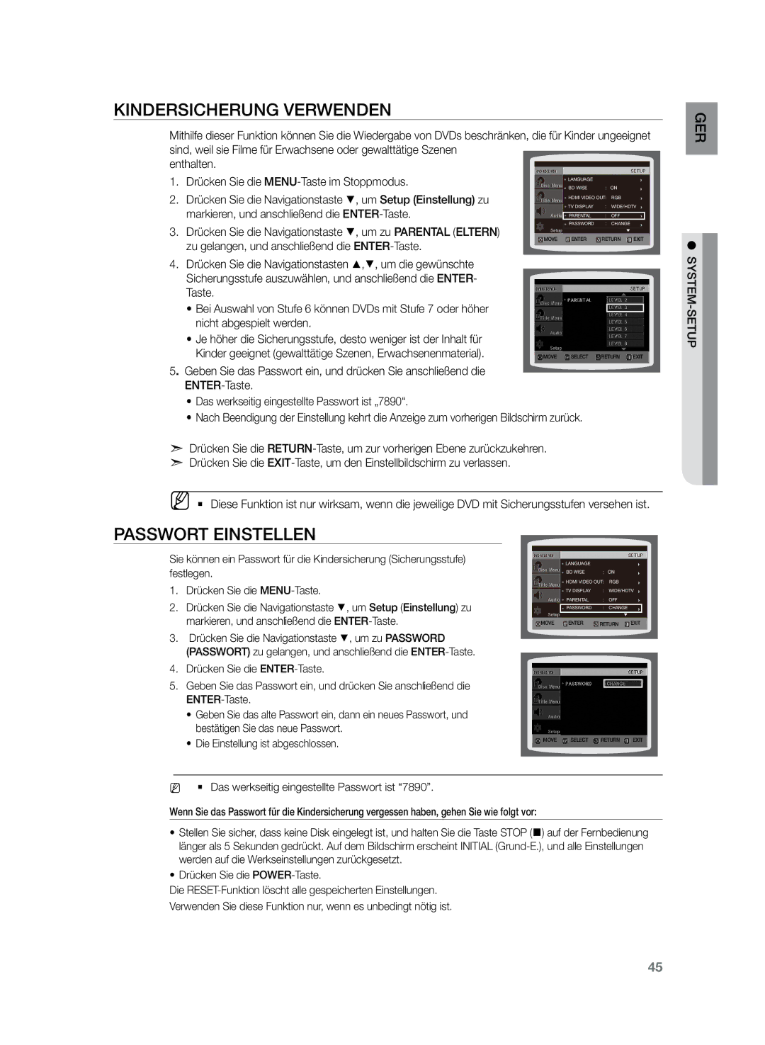 Samsung HT-TZ222R/EDC, HT-Z220R/EDC, HT-TZ225R/EDC, HT-Z220R/XEF manual Kindersicherung verwenden, Passwort einstellen 