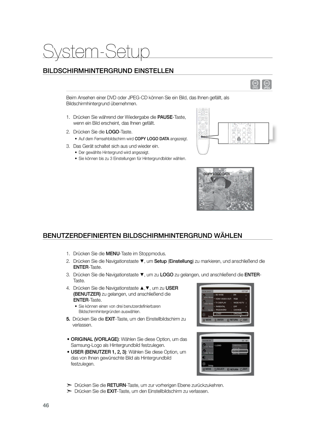 Samsung HT-Z220R/EDC, HT-TZ222R/EDC Bildschirmhintergrund einstellen, Benutzerdefinierten bildschirmhintergrund wählen 