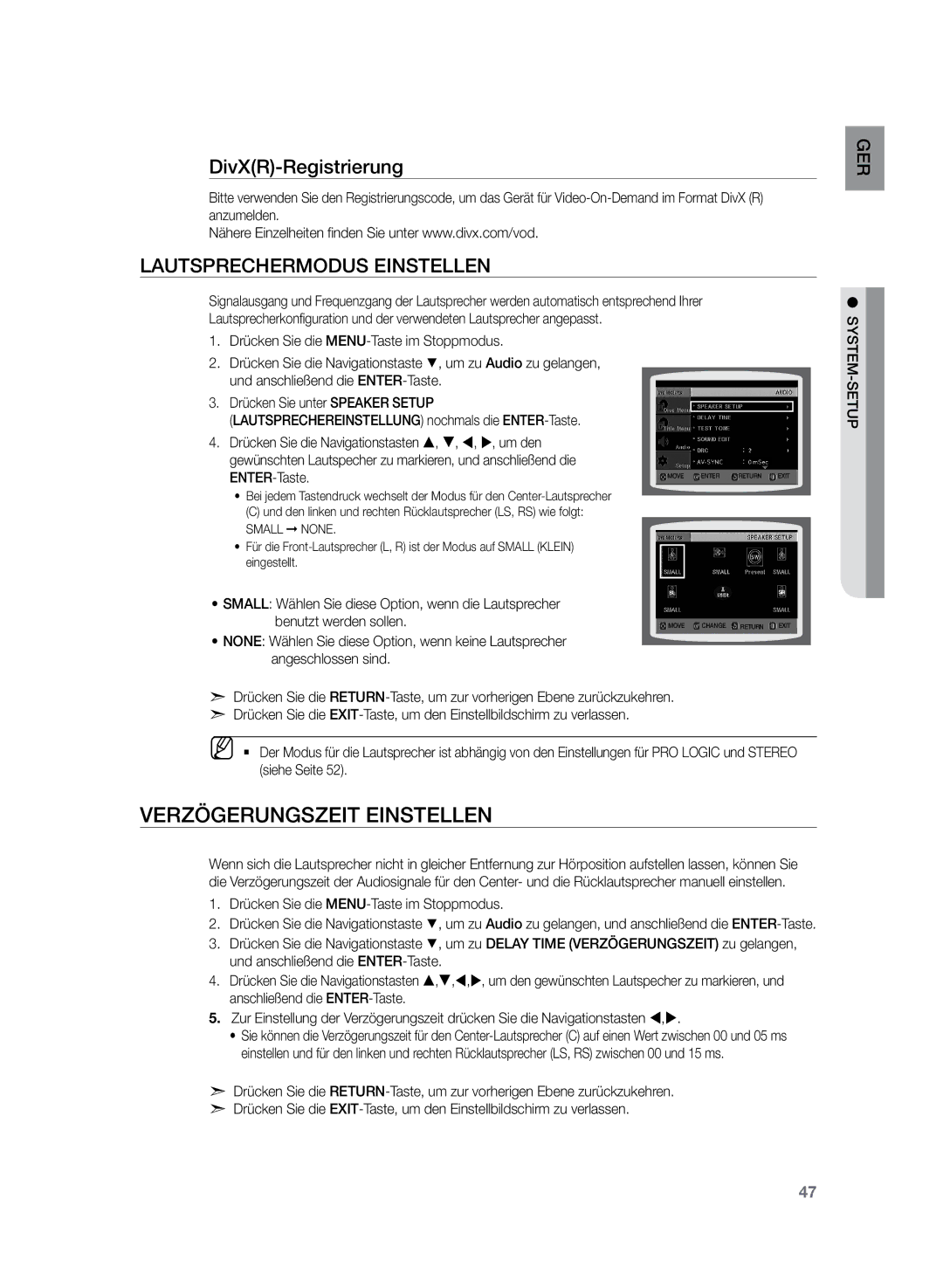 Samsung HT-TZ225R/EDC manual Verzögerungszeit einstellen, DivXR-Registrierung, Lautsprechermodus einstellen, ENTER-Taste 