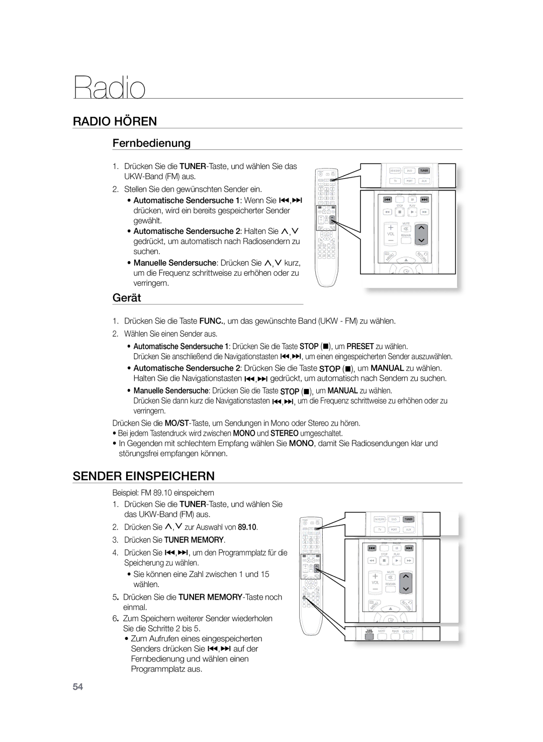 Samsung HT-TZ222R/XEF, HT-TZ222R/EDC, HT-Z220R/EDC, HT-TZ225R/EDC Radio hören, Sender einspeichern, Fernbedienung, Gerät 