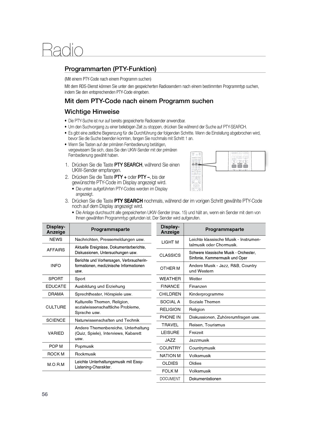 Samsung HT-Z220R/EDC manual Programmarten PTY-Funktion, Die unten aufgeführten PTY-Codes werden im Display angezeigt 