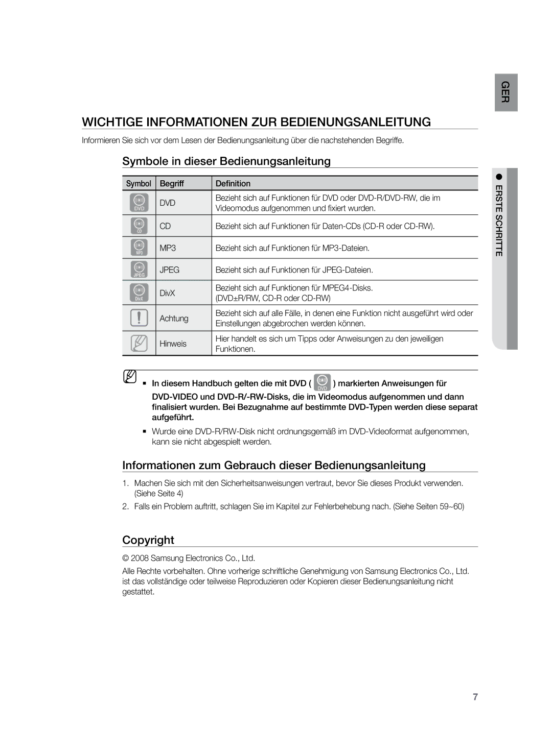 Samsung HT-TZ225R/EDC Wichtige Informationen zur Bedienungsanleitung, Symbole in dieser Bedienungsanleitung, Copyright 