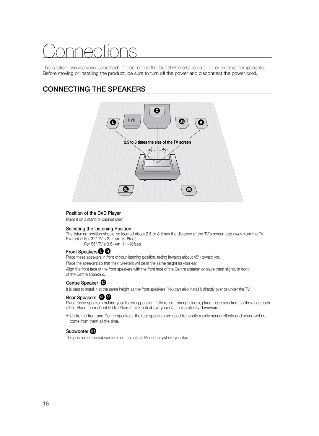 Samsung HT-Z220R/XET, HT-TZ222R/EDC, HT-Z220R/EDC, HT-TZ225R/EDC, HT-Z220R/XEF manual Connections, Connecting the Speakers 