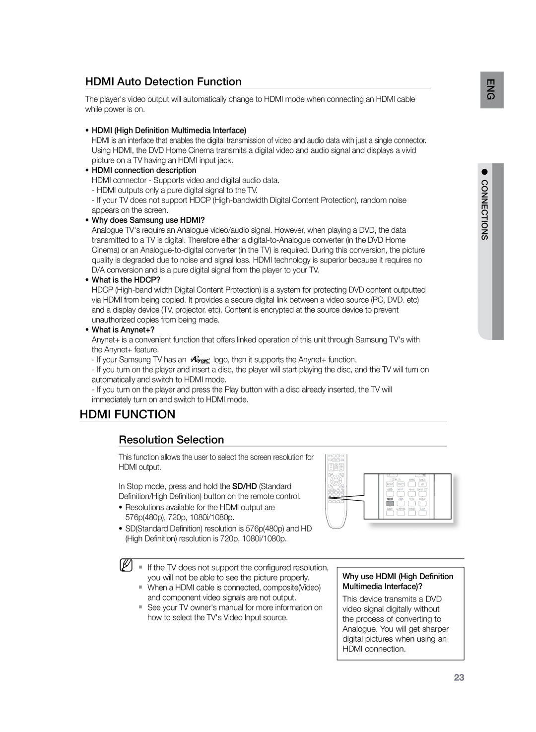 Samsung HT-Z220R/XEF, HT-TZ222R/EDC manual Hdmi Auto Detection Function, Resolution Selection, Why use Hdmi High Definition 