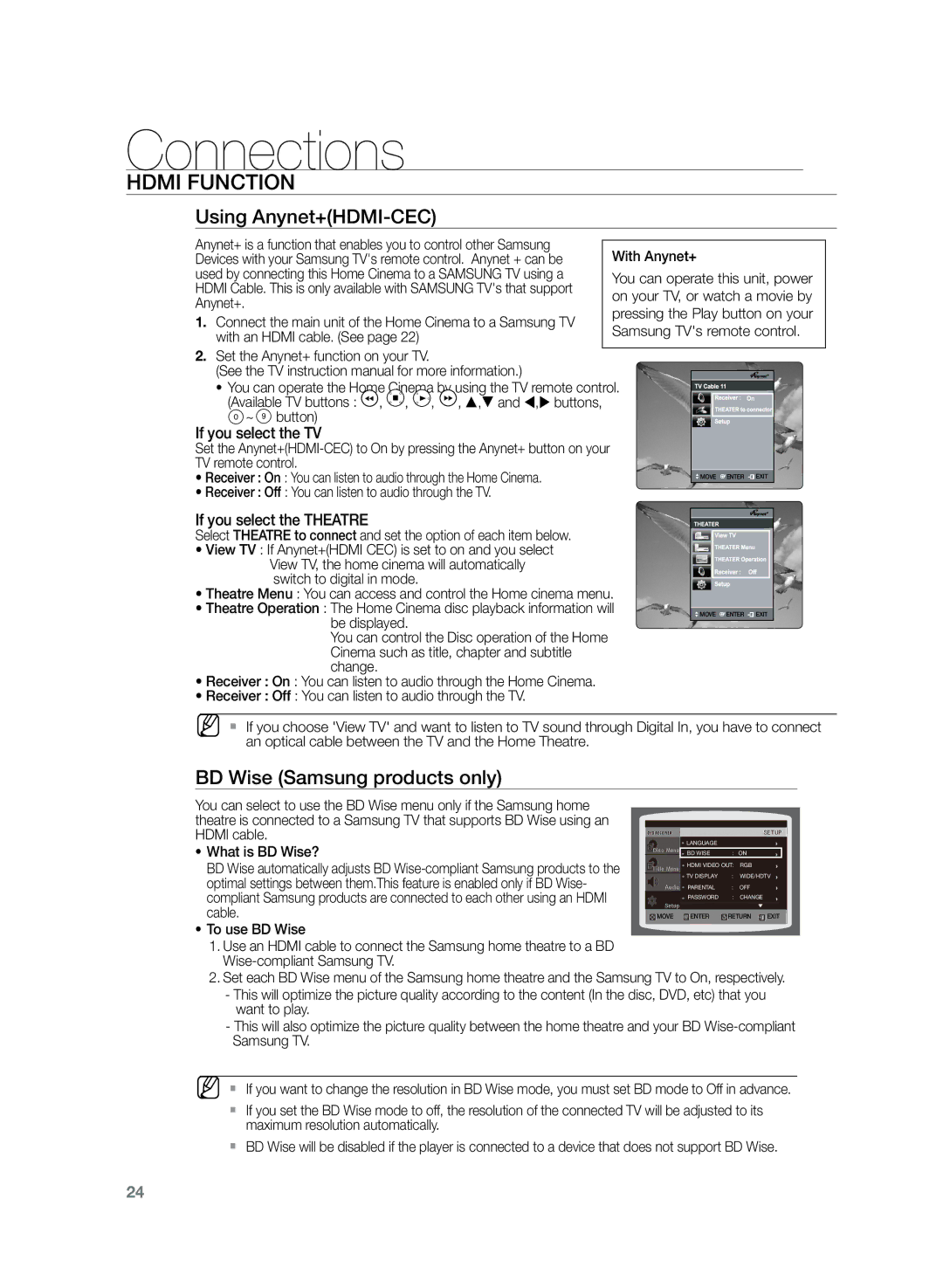 Samsung HT-TZ225R/XEF, HT-TZ222R/EDC manual Using Anynet+HDMI-CEC, BD Wise Samsung products only, If you select the TV 