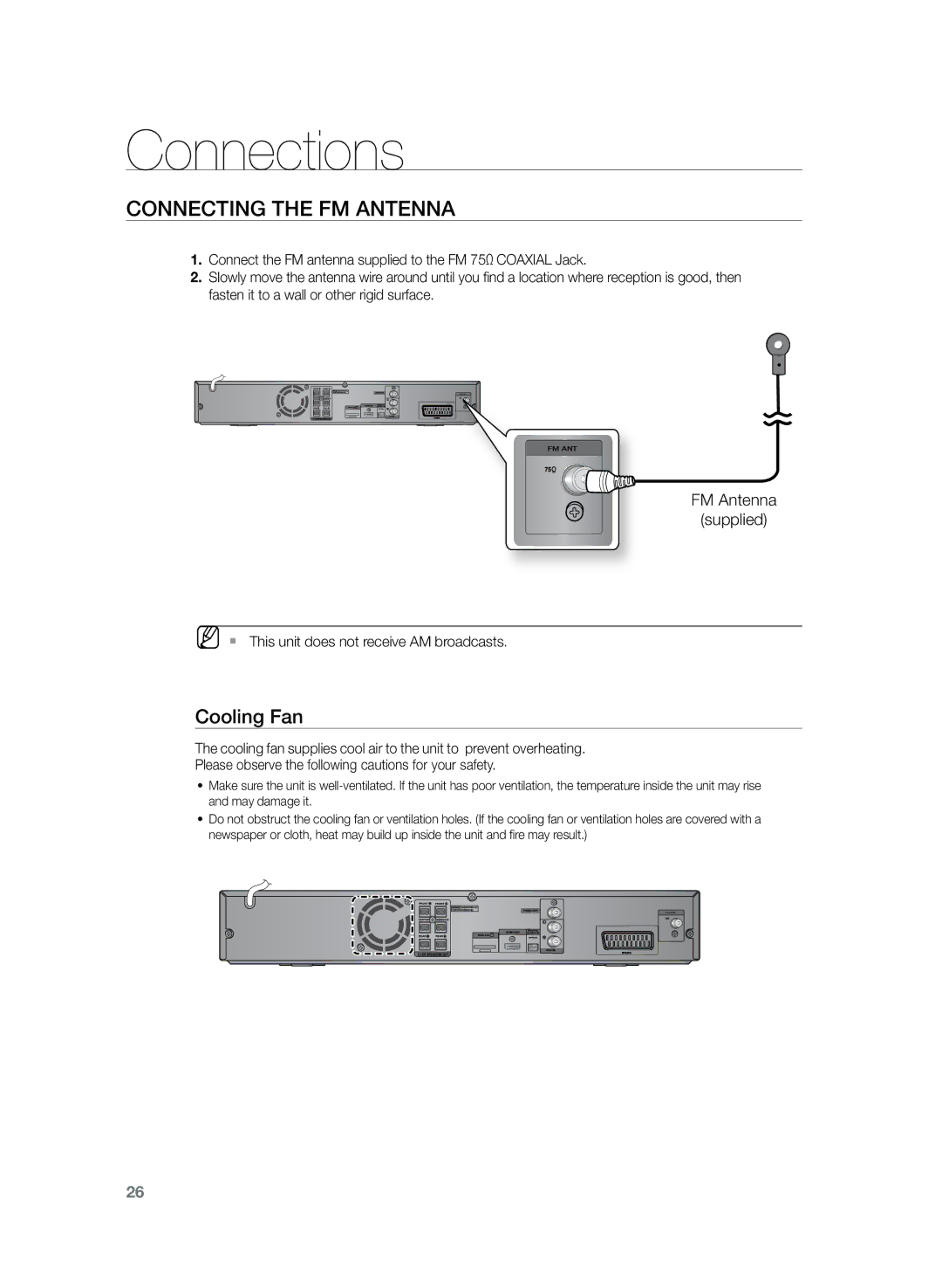 Samsung HT-Z220R/XET, HT-TZ222R/EDC, HT-Z220R/EDC, HT-TZ225R/EDC Connecting the FM Antenna, Cooling Fan, FM Antenna Supplied 