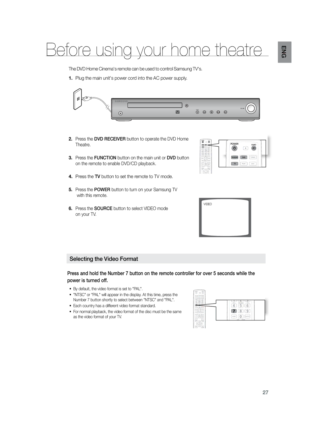 Samsung HT-TZ222R/XEE, HT-TZ222R/EDC Selecting the Video Format, Press the Source button to select Video mode on your TV 