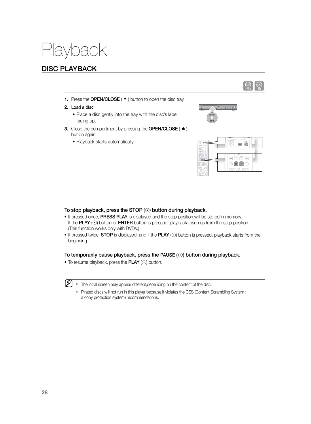 Samsung HT-Z220R/XEE, HT-TZ222R/EDC manual Disc Playback, To stop playback, press the Stop button during playback 