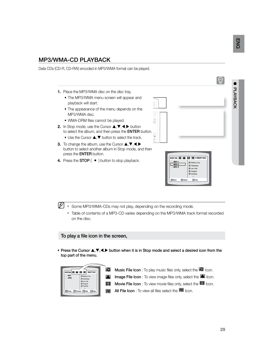 Samsung HT-TZ222R/XET, HT-TZ222R/EDC, HT-Z220R/EDC, HT-TZ225R/EDC MP3/WMA-CD Playback, To play a file icon in the screen 