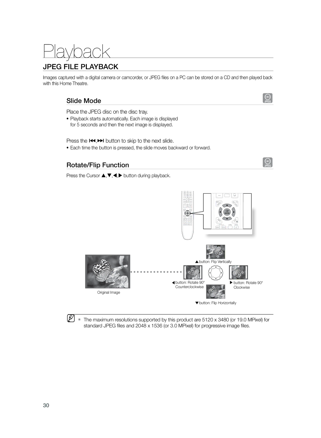 Samsung HT-TZ222R/EDC manual Jpeg File Playback, Slide Mode, Rotate/Flip Function, Place the Jpeg disc on the disc tray 