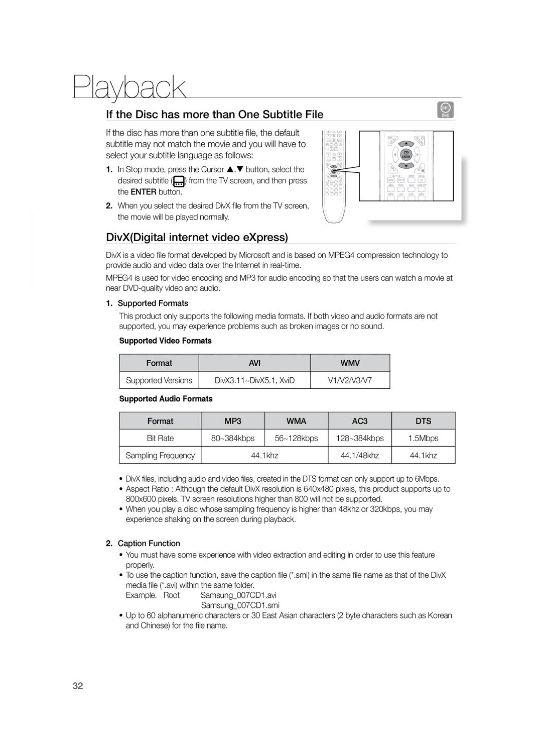 Samsung HT-TZ225R/EDC If the Disc has more than One Subtitle File, DivXDigital internet video eXpress, Avi Wmv, Wma, Dts 