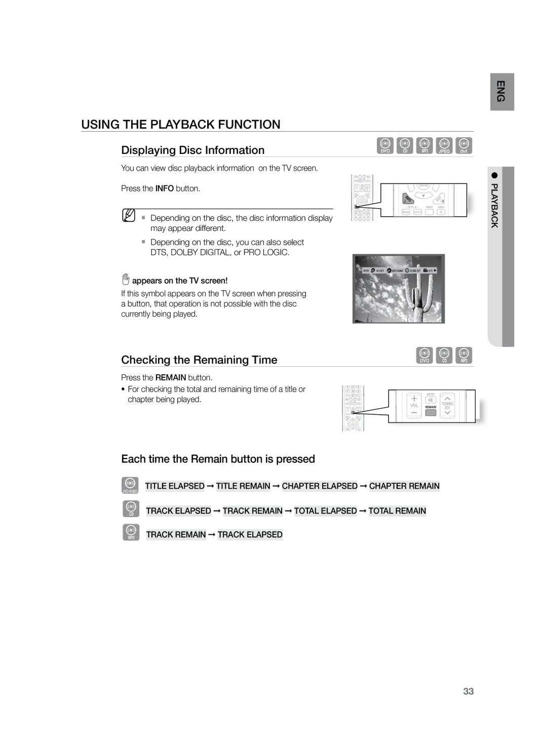 Samsung HT-Z220R/XEF, HT-TZ222R/EDC Using the Playback Function, Displaying Disc Information, Checking the Remaining Time 